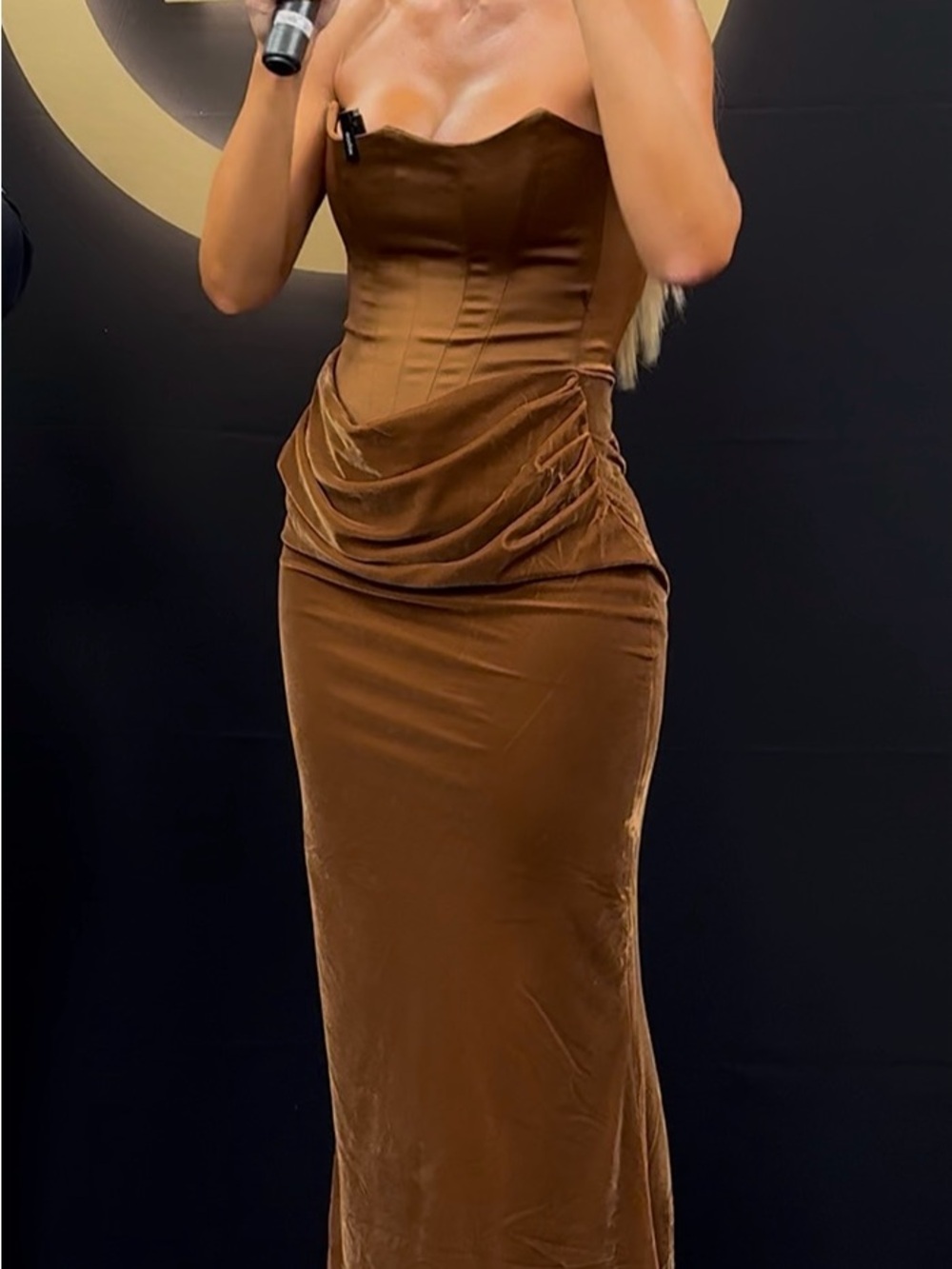 House of con Strapless Brown Velvet Ruched Midi Dress